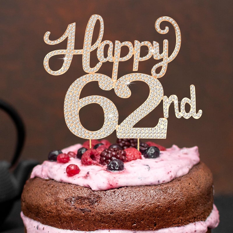 LASKYER Happy 62nd Birthday Decorations,62nd Birthday Gold Rhinestone Cake Topper - Cheers to 62 Years Old Bday Party Metal Sparkly Cake Centerpieces Sign. - Image 5